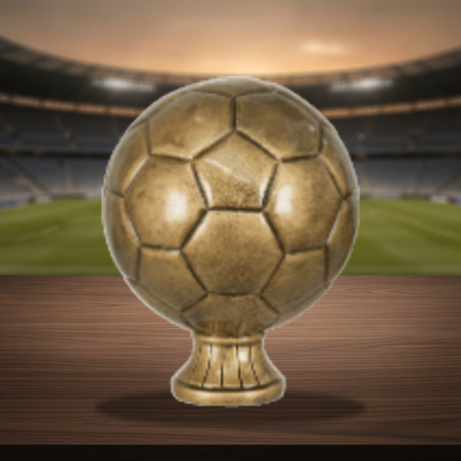Personalized Soccer Antique Metallic Resin Award resin award on a warm executive desk with a green banker's lamp, engraved corporate recognition and retirement gift
