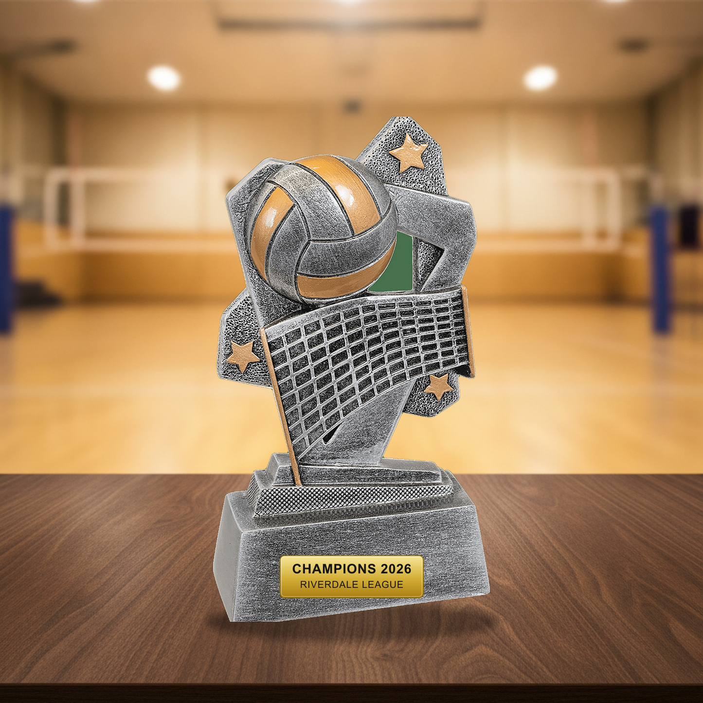 Personalized Volleyball Triumph Resin Award resin award on a warm executive desk with a green banker's lamp, engraved corporate recognition and retirement gift