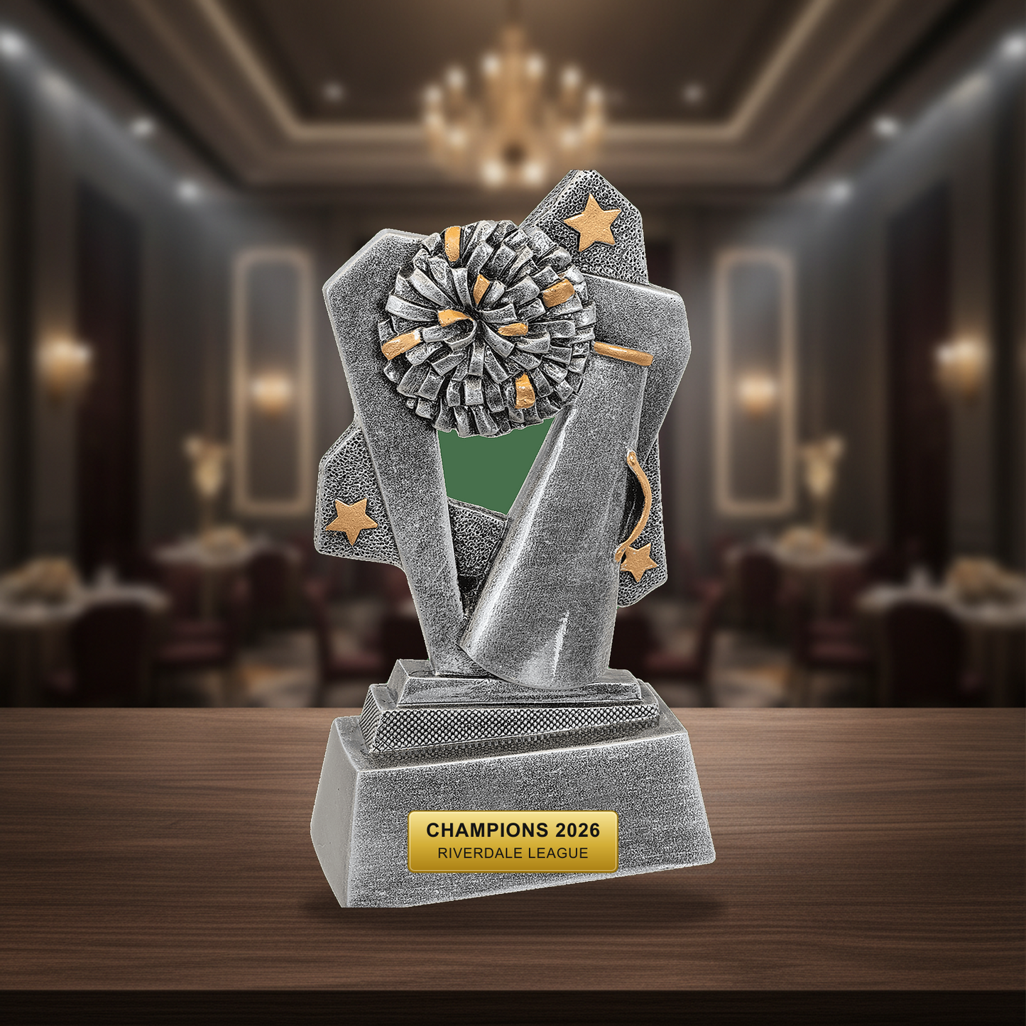 Personalized Cheer Triumph Resin Award resin award on a warm executive desk with a green banker's lamp, engraved corporate recognition and retirement gift