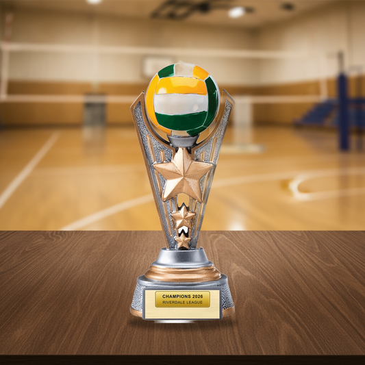 Personalized Full Color Volleyball Award resin award on a warm executive desk with a green banker's lamp, engraved corporate recognition and retirement gift