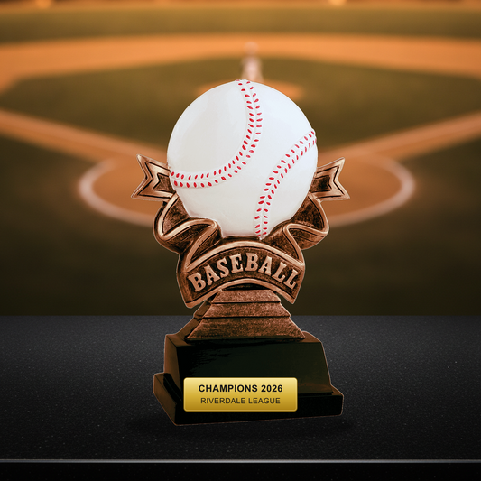 Personalized Baseball Resin Trophy Award resin award on a warm executive desk with a green banker's lamp, engraved corporate recognition and retirement gift