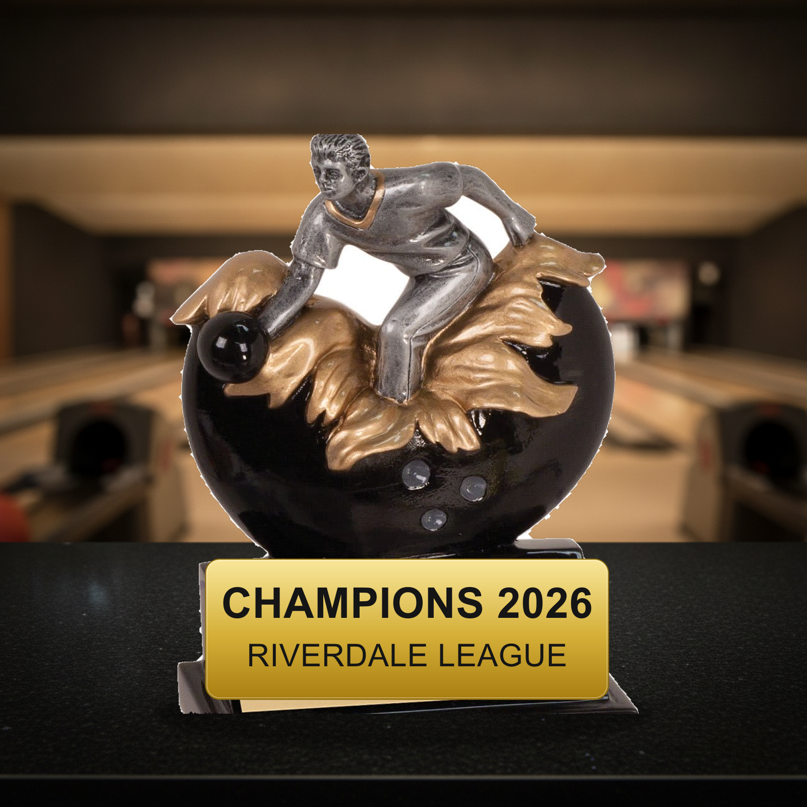 Personalized Bowling Xploding Resin Award resin award on a warm executive desk with a green banker's lamp, engraved corporate recognition and retirement gift