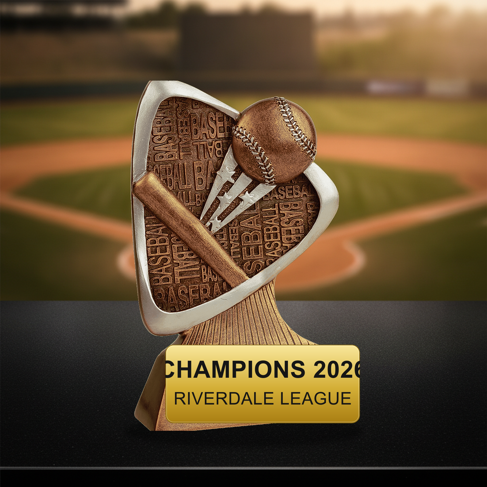 Personalized Baseball Triad Resin Award resin award on a warm executive desk with a green banker's lamp, engraved corporate recognition and retirement gift