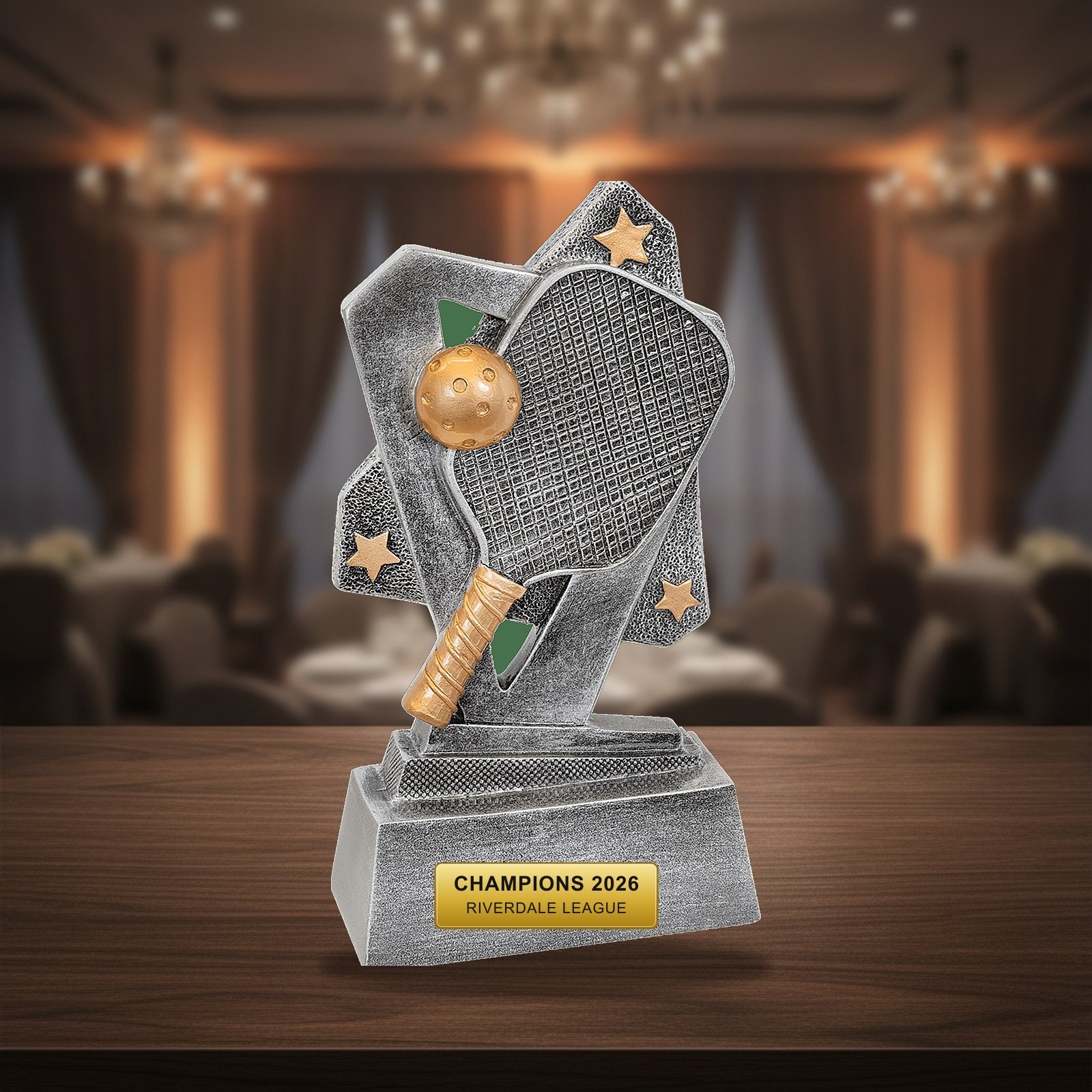 Personalized Pickleball Triumph Resin Award resin award on a warm executive desk with a green banker's lamp, engraved corporate recognition and retirement gift