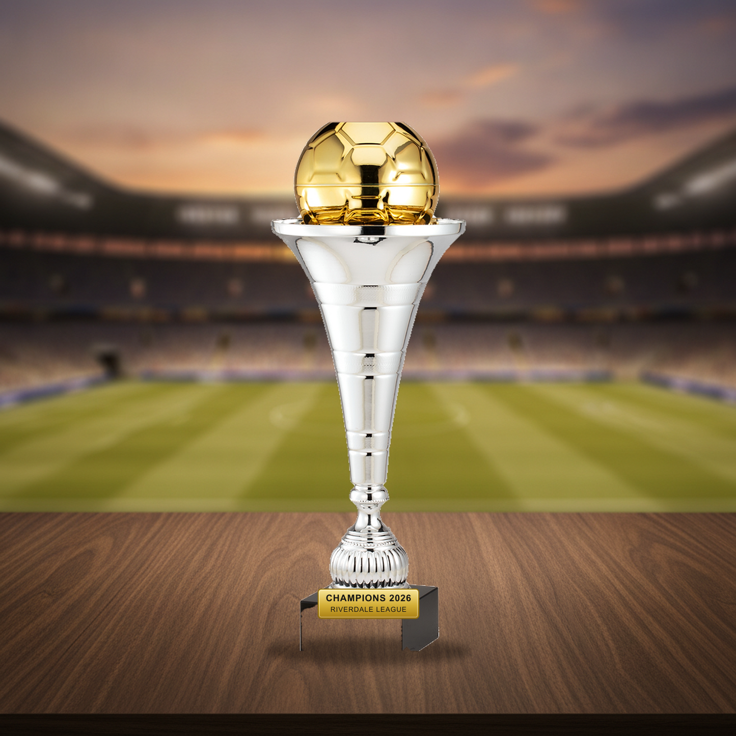 Personalized Soccer Trumpet Cup cup trophy on a warm executive desk with a green banker's lamp, engraved corporate recognition and retirement gift