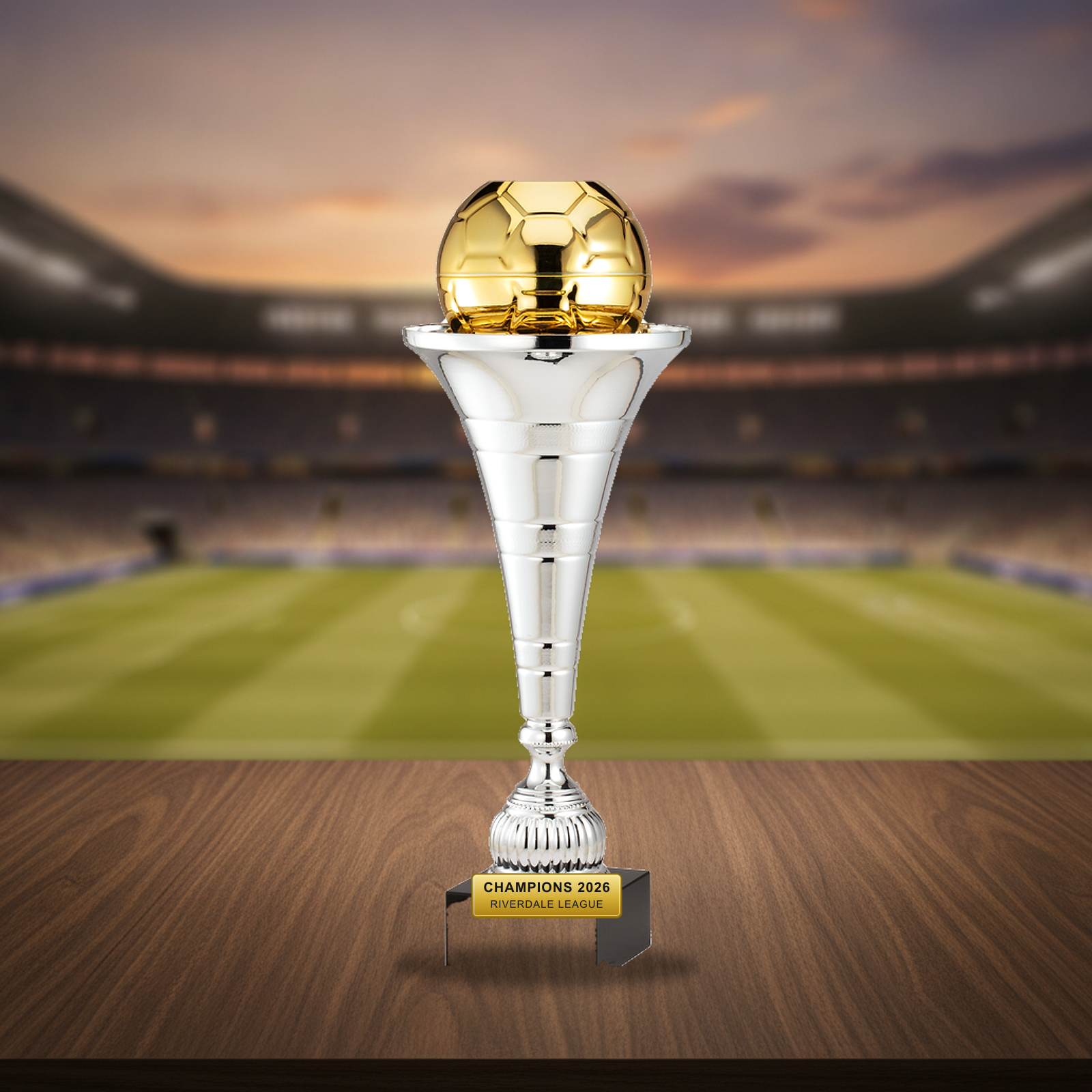 Personalized Soccer Trumpet Cup cup trophy on a warm executive desk with a green banker's lamp, engraved corporate recognition and retirement gift