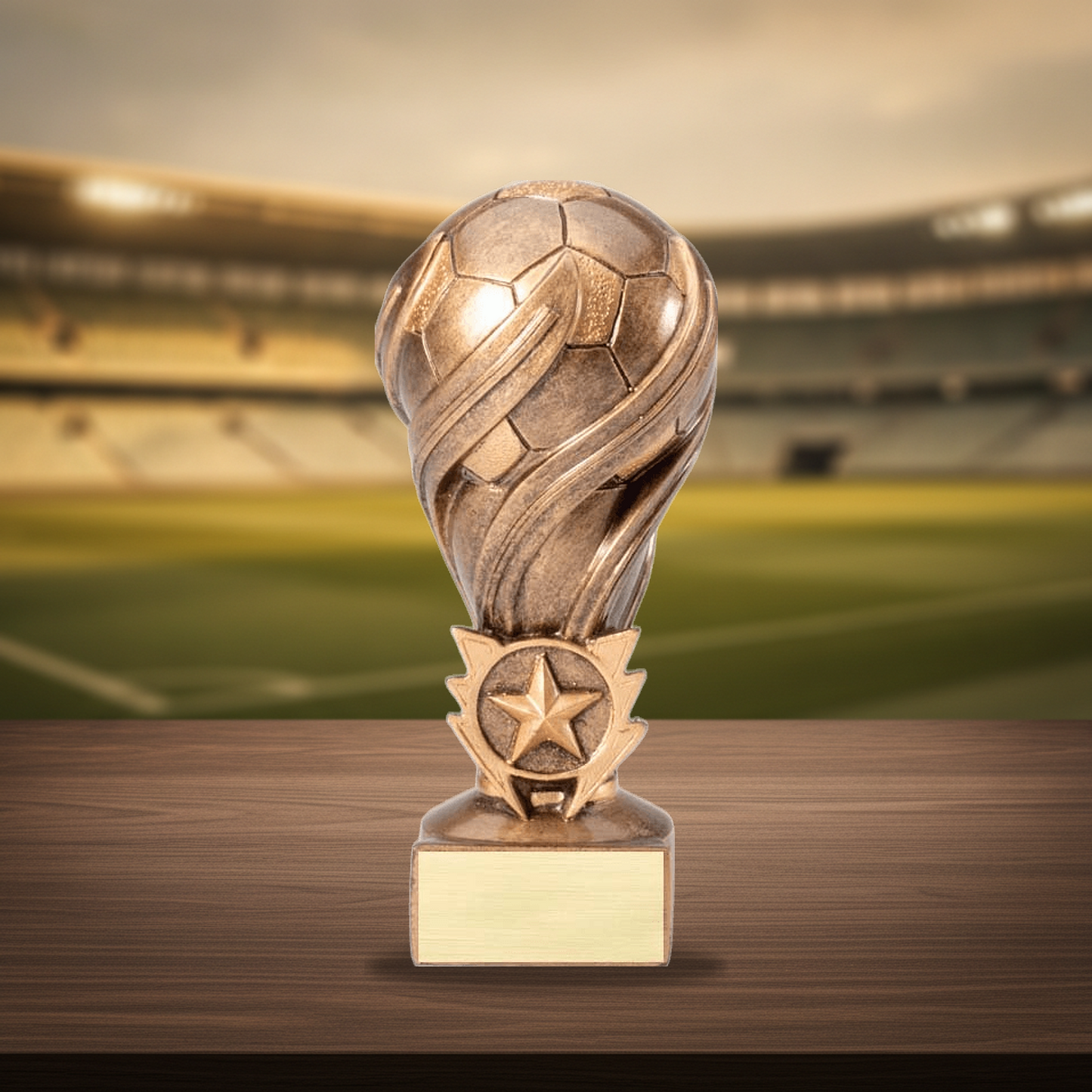 Personalized Laurel Swirl Soccer Resin Award resin award on a warm executive desk with a green banker's lamp, engraved corporate recognition and retirement gift