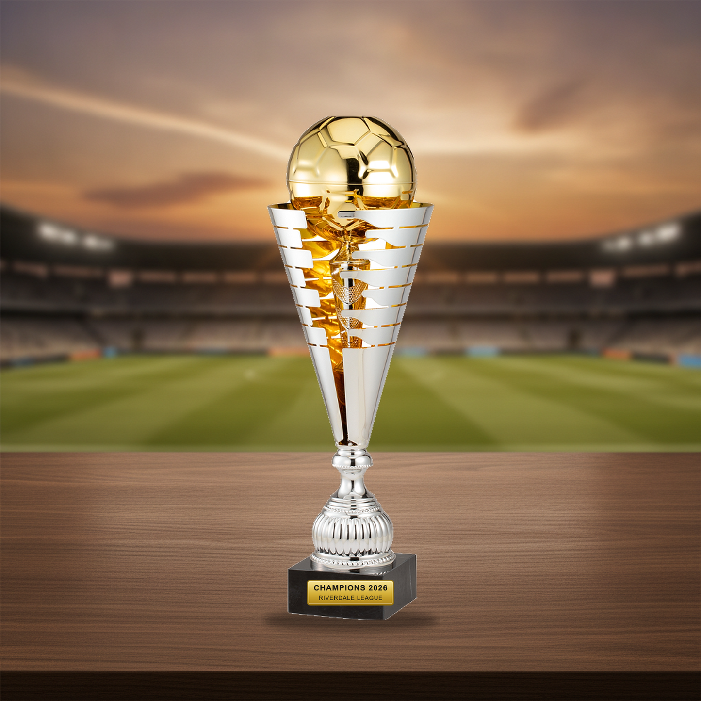 Personalized Silver/Gold Italian Soccer Cup cup trophy on a warm executive desk with a green banker's lamp, engraved corporate recognition and retirement gift