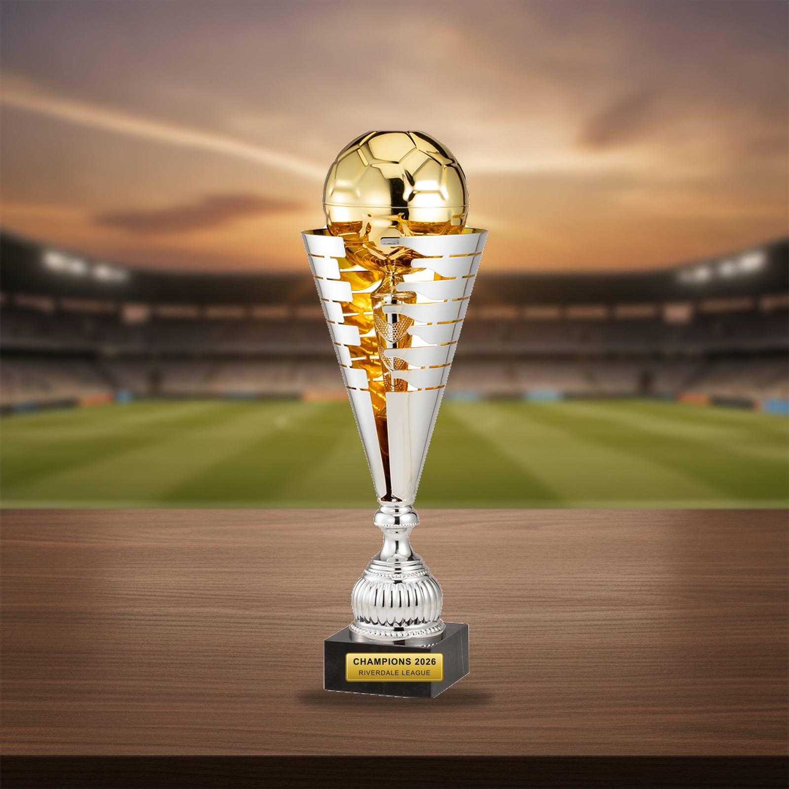 Personalized Silver/Gold Italian Soccer Cup cup trophy on a warm executive desk with a green banker's lamp, engraved corporate recognition and retirement gift