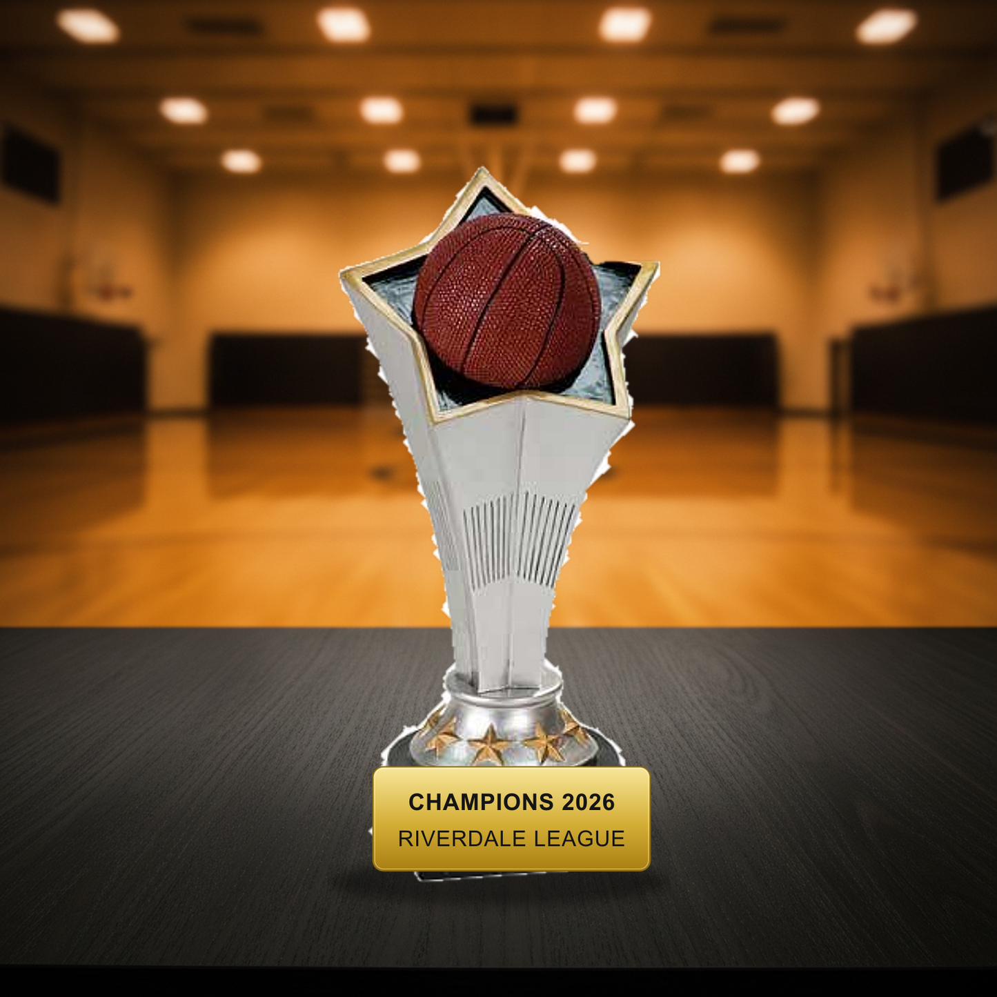 Personalized Basketball Rising Star Resin Award resin award on a warm executive desk with a green banker's lamp, engraved corporate recognition and retirement gift