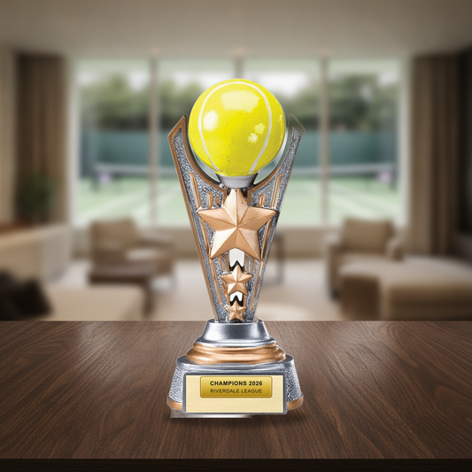 Personalized Full Color Tennis Ball Award resin award on a warm executive desk with a green banker's lamp, engraved corporate recognition and retirement gift