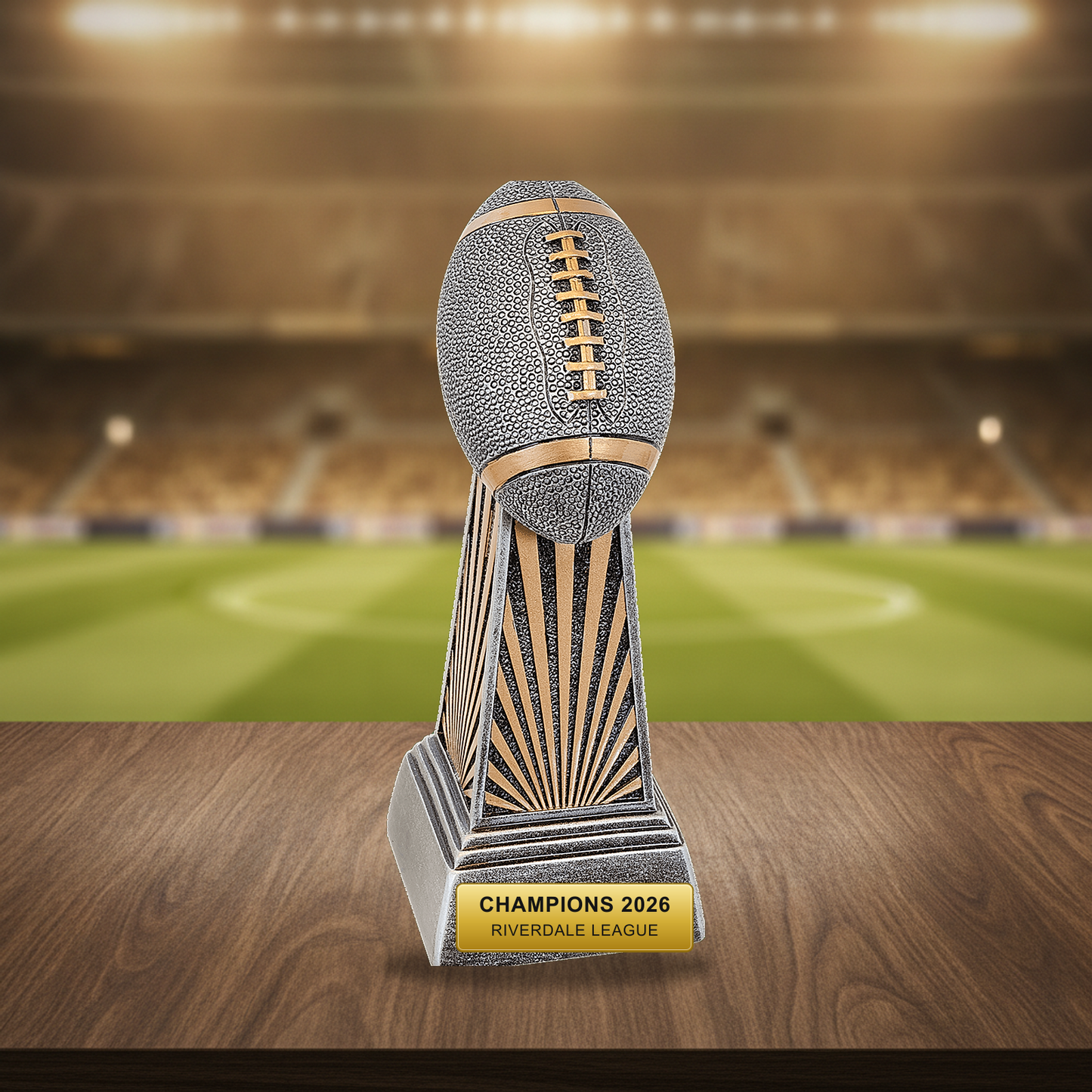 Personalized Football Imperial Resin Award resin award on a warm executive desk with a green banker's lamp, engraved corporate recognition and retirement gift