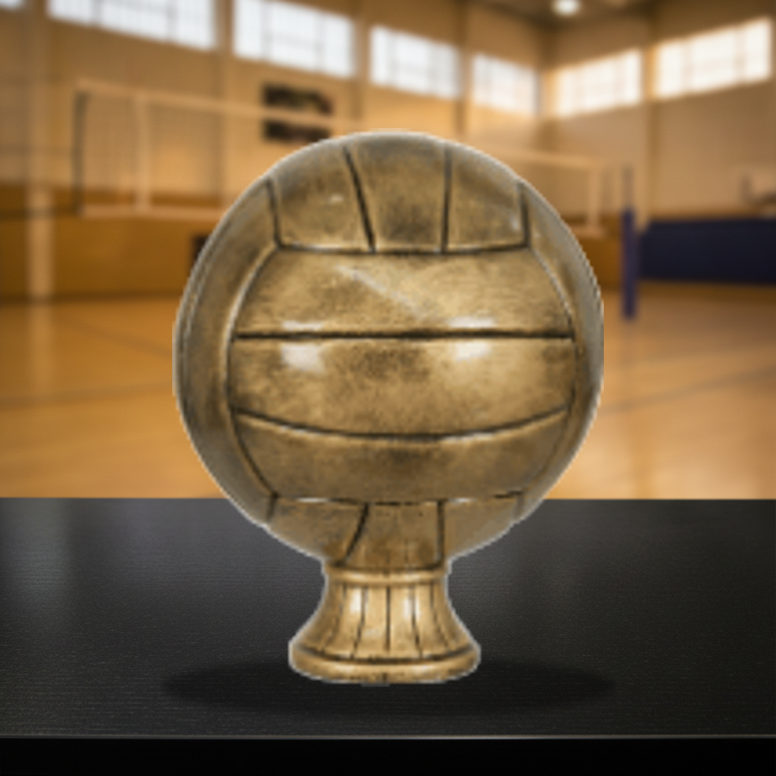 Personalized Volleyball Antique Metallic Resin Award resin award on a warm executive desk with a green banker's lamp, engraved corporate recognition and retirement gift