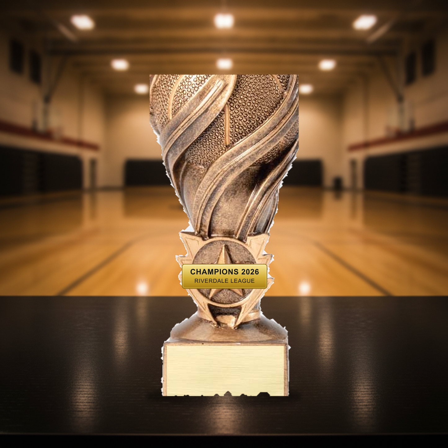 Personalized Laurel Swirl Basketball Resin Award resin award on a warm executive desk with a green banker's lamp, engraved corporate recognition and retirement gift