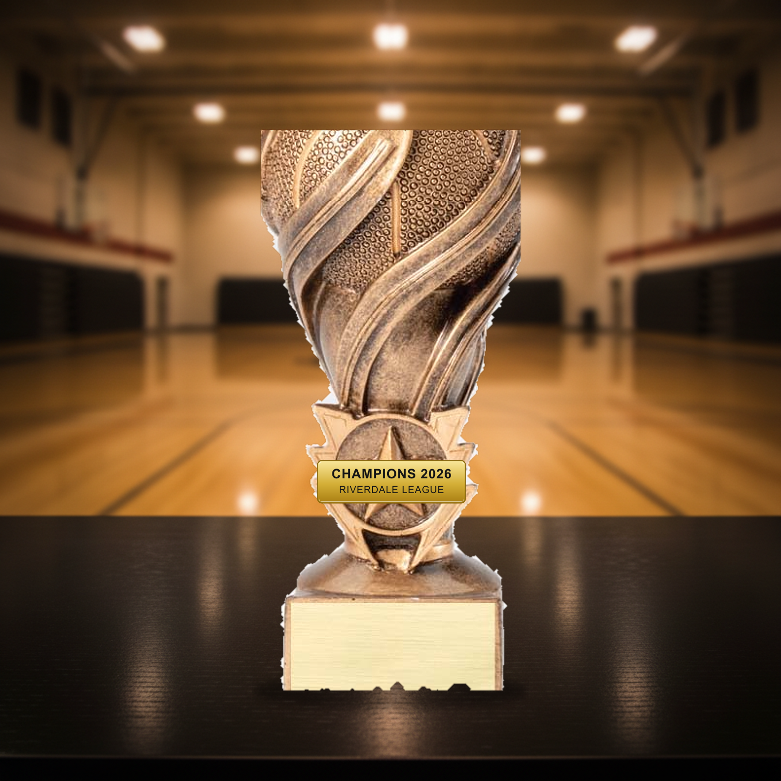 Personalized Laurel Swirl Basketball Resin Award resin award on a warm executive desk with a green banker's lamp, engraved corporate recognition and retirement gift