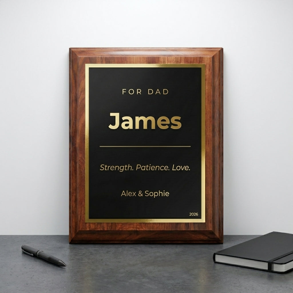 contemporary cherry wood dad plaque gold engraved name | Custom Engraved modern dad plaque, designed for Daughters celebrating Christmas and Retirement, also great for Modern personalized gift