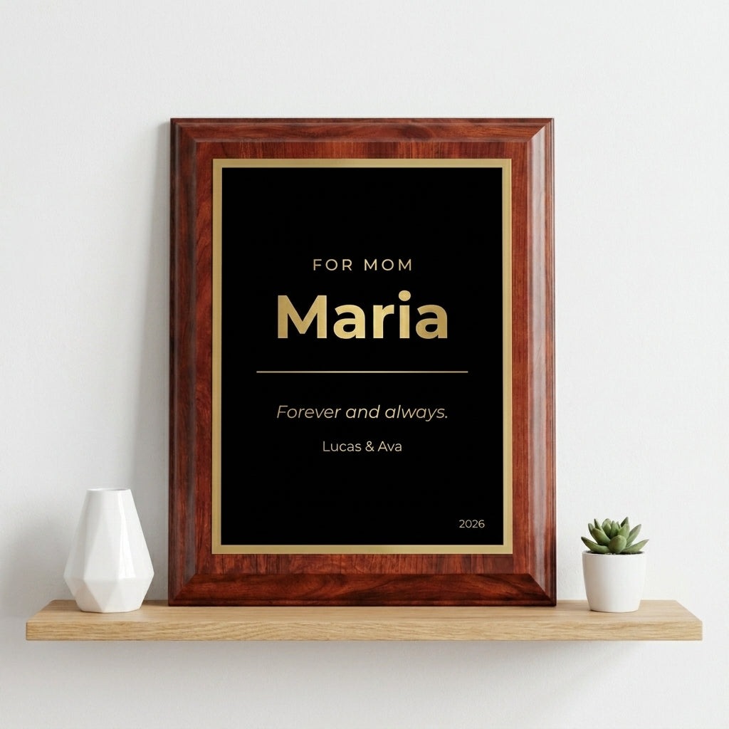 minimalist personalized name wall plaque for mom from kids | Personalized minimalist mothers day gift for Modern home decor buyers and Minimalist style shoppers, custom laser engraved gold name plate ideal for mother's day gift ceremony