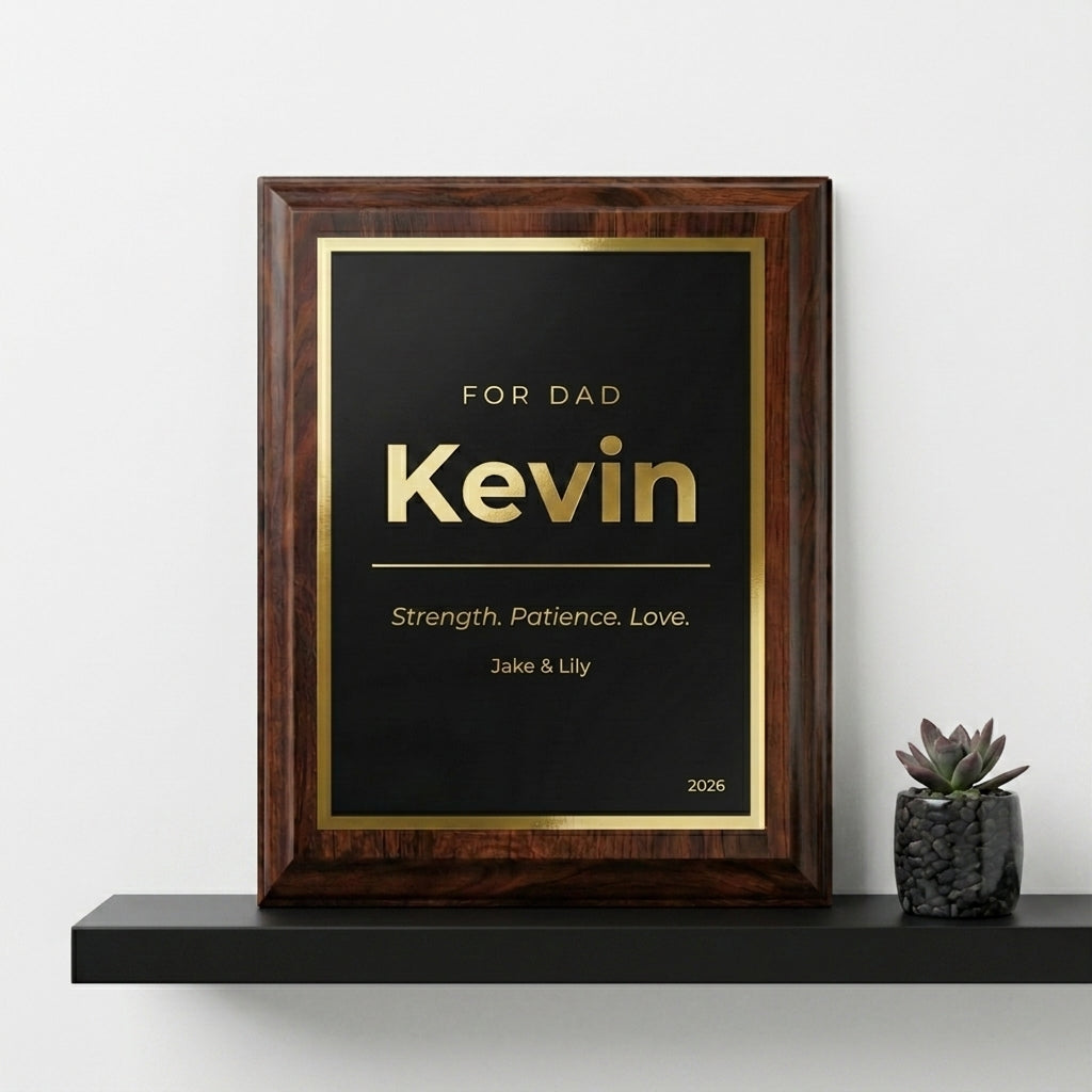 minimalist personalized name wall plaque for dad from kids | Personalized minimalist fathers day gift for Modern home decor buyers and Minimalist style shoppers, custom laser engraved gold name plate ideal for father's day gift ceremony