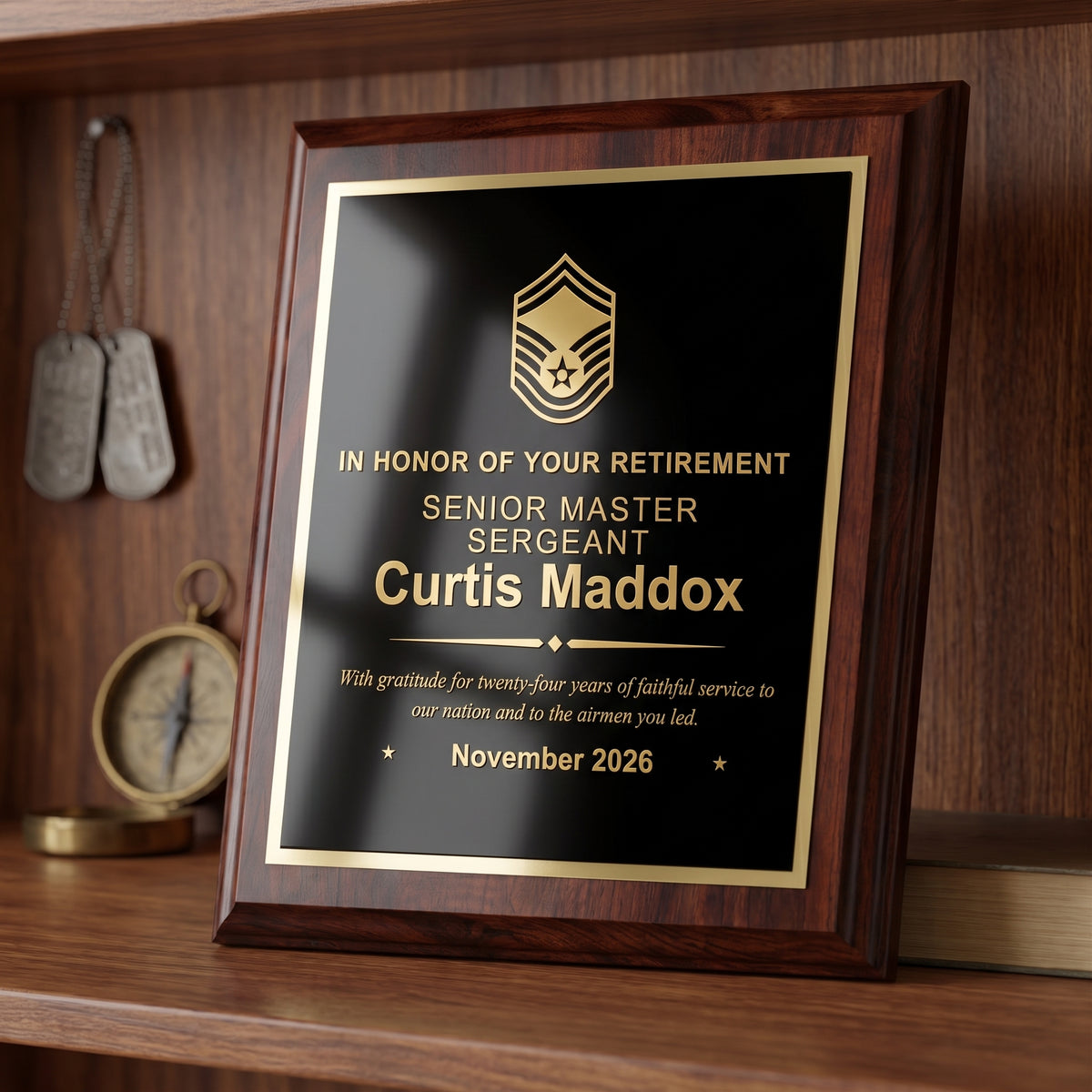 Air Force Senior Master Sergeant retirement plaque in cherry finish with gold engraved insignia and a twenty-four years of service message, displayed on a shelf