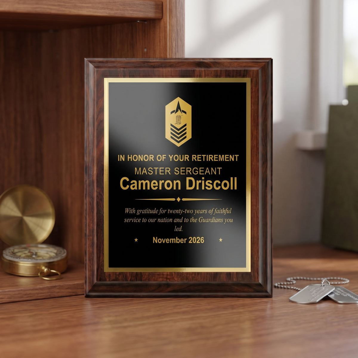 Space Force Master Sergeant retirement plaque in cherry finish with gold engraved insignia and a twenty-year service message, displayed on a shelf