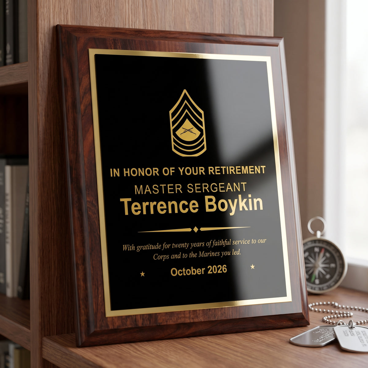 Marine Corps Master Sergeant retirement plaque in cherry finish with gold engraved insignia and a twenty-year service message, displayed on a shelf
