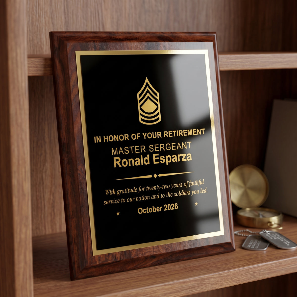 Army Master Sergeant retirement plaque in cherry finish with gold engraved insignia and a twenty-two years of service message, displayed on a shelf
