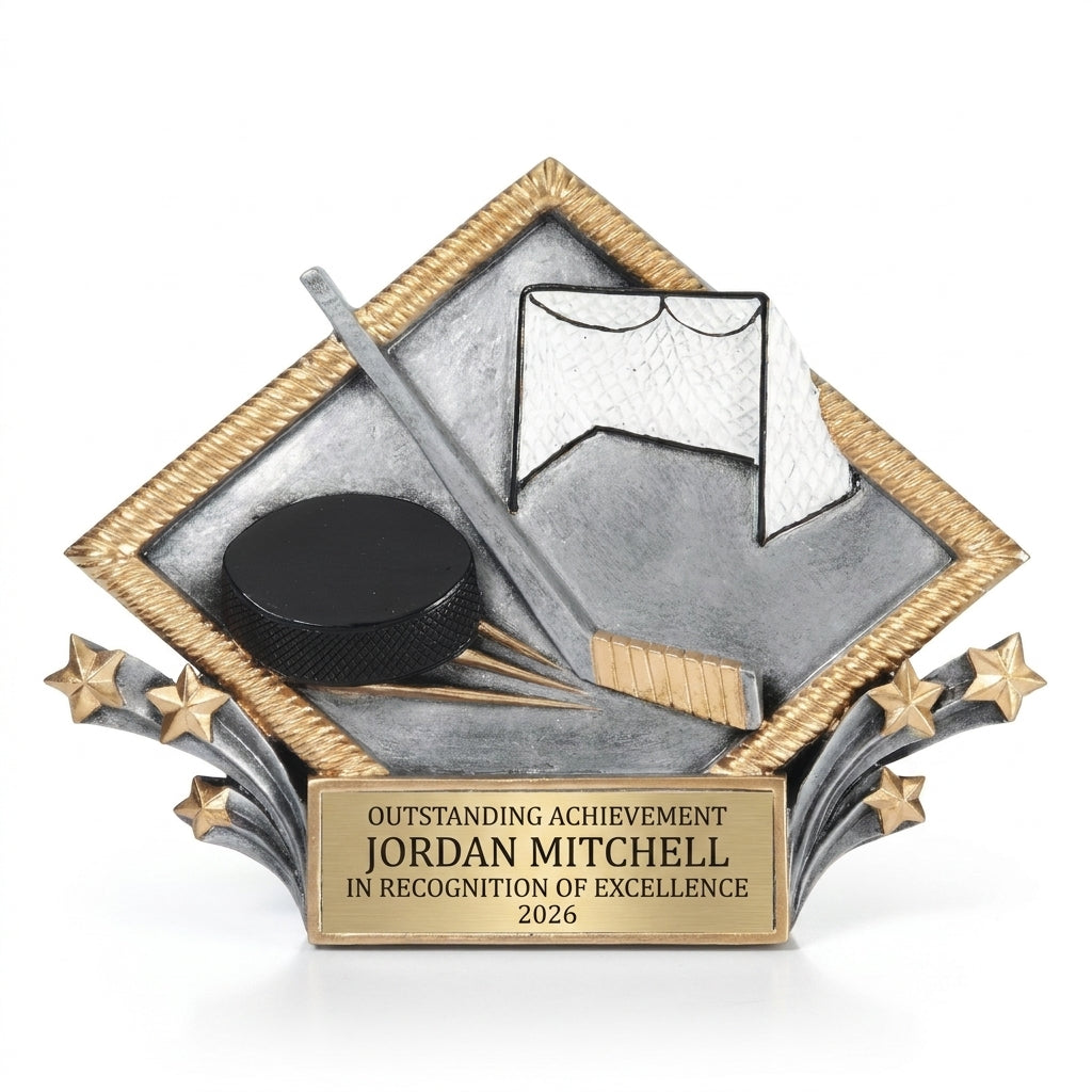 Personalized Hockey Diamond Plate Resin Award resin award, custom laser engraved recognition award on a clean white studio background