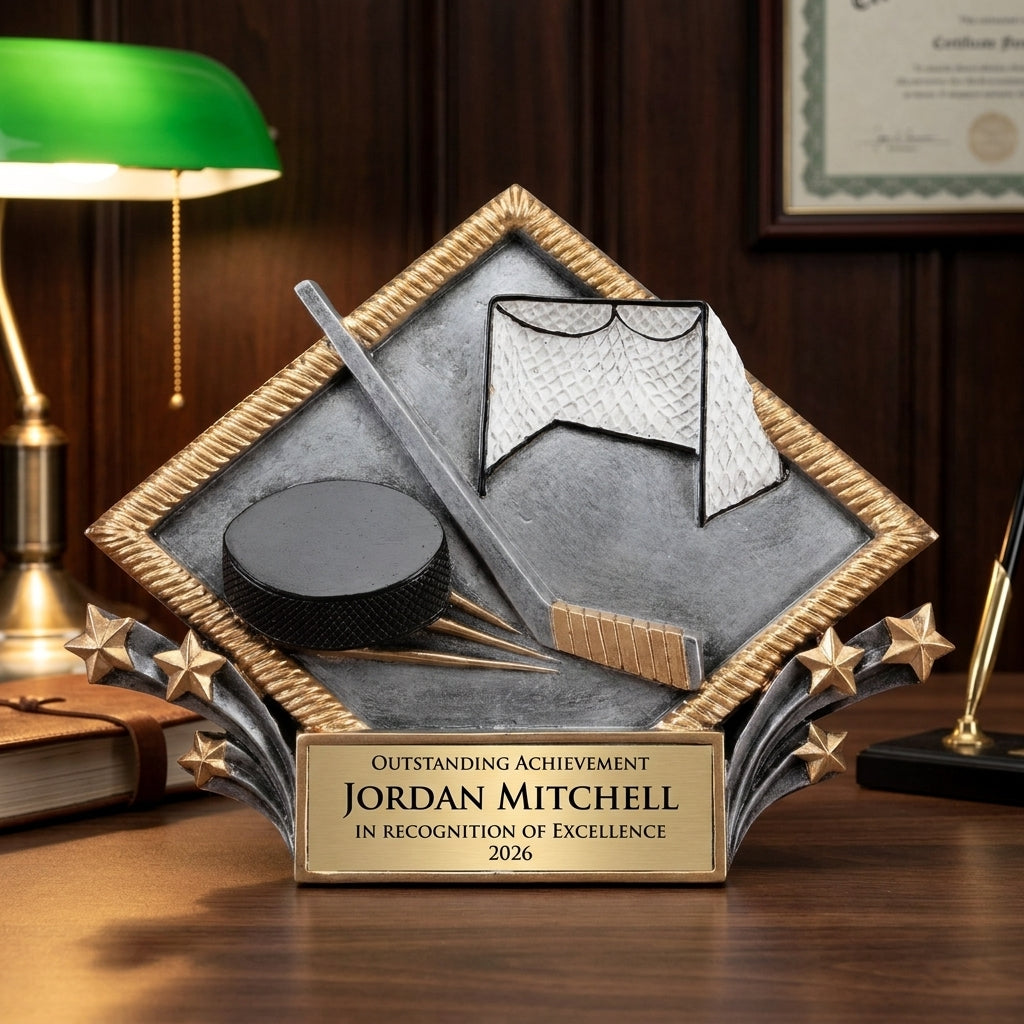 Personalized Hockey Diamond Plate Resin Award resin award on a warm executive desk with a green banker's lamp, engraved corporate recognition and retirement gift