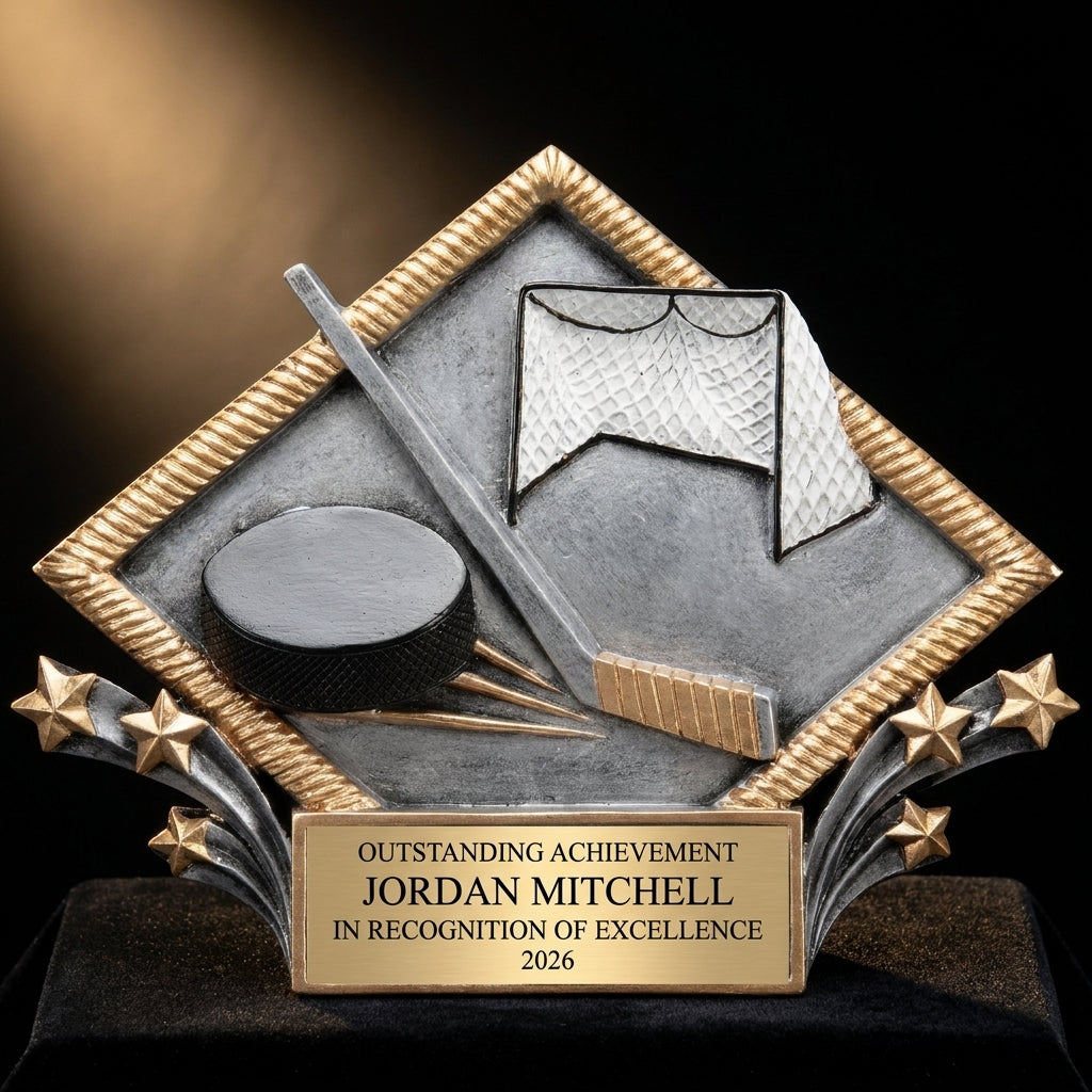 Personalized Hockey Diamond Plate Resin Award resin award on black velvet under awards-ceremony spotlight, engraved champion and lifetime achievement award