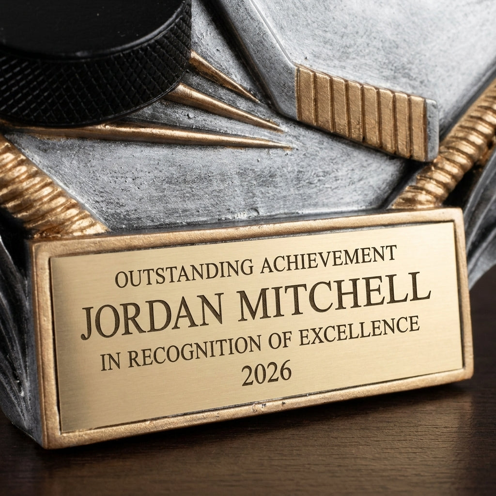 Close-up of the custom laser engraving on a personalized Hockey Diamond Plate Resin Award resin award, showing crisp permanent personalization