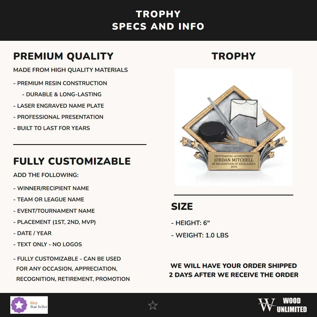 Specifications for the personalized Hockey Diamond Plate Resin Award resin award — materials, engraving, and features
