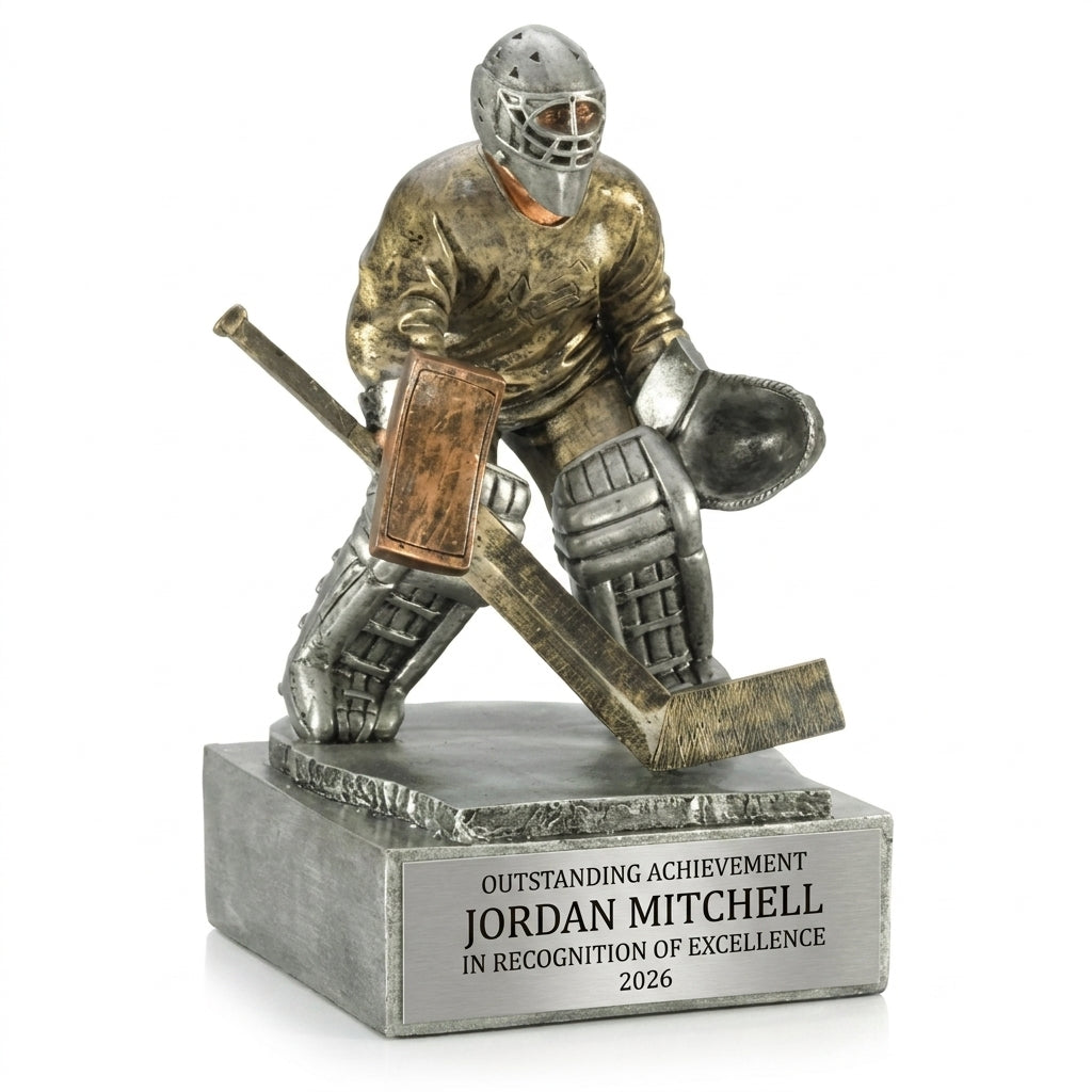Personalized Hockey Goalie Figure Resin Trophy resin award, custom laser engraved recognition award on a clean white studio background