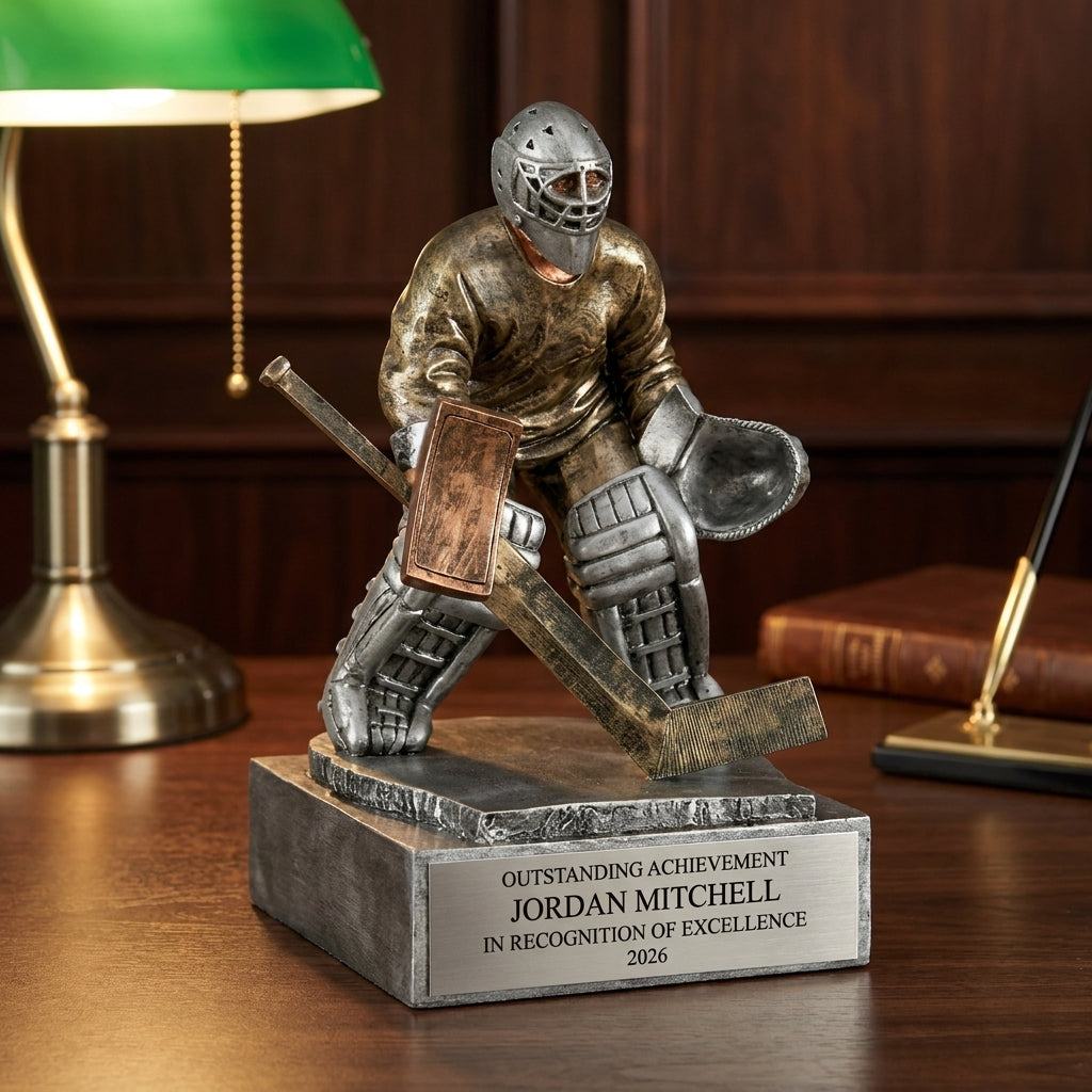 Personalized Hockey Goalie Figure Resin Trophy resin award on a warm executive desk with a green banker's lamp, engraved corporate recognition and retirement gift