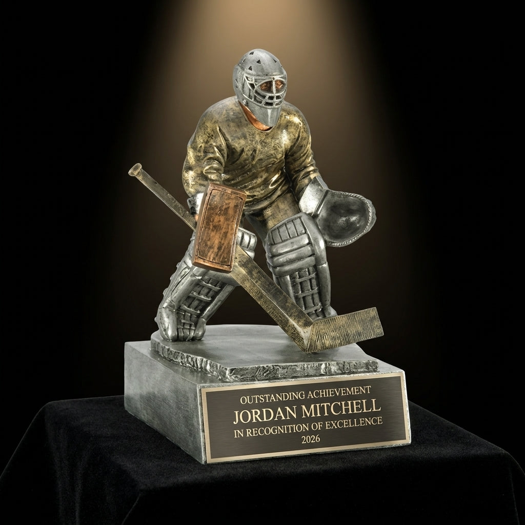 Personalized Hockey Goalie Figure Resin Trophy resin award on black velvet under awards-ceremony spotlight, engraved champion and lifetime achievement award