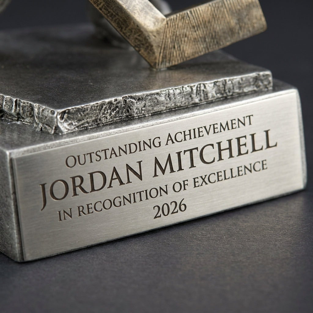 Close-up of the custom laser engraving on a personalized Hockey Goalie Figure Resin Trophy resin award, showing crisp permanent personalization