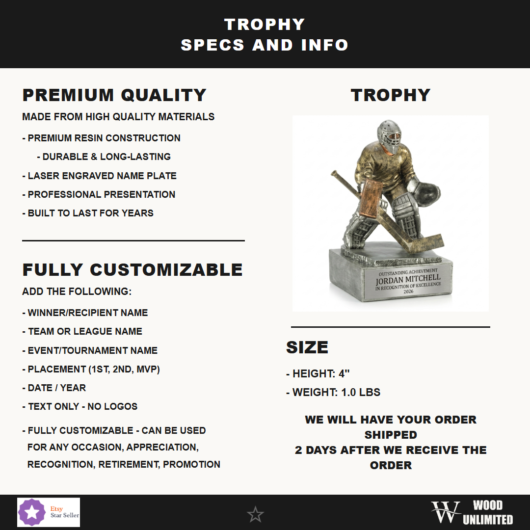 Specifications for the personalized Hockey Goalie Figure Resin Trophy resin award — materials, engraving, and features