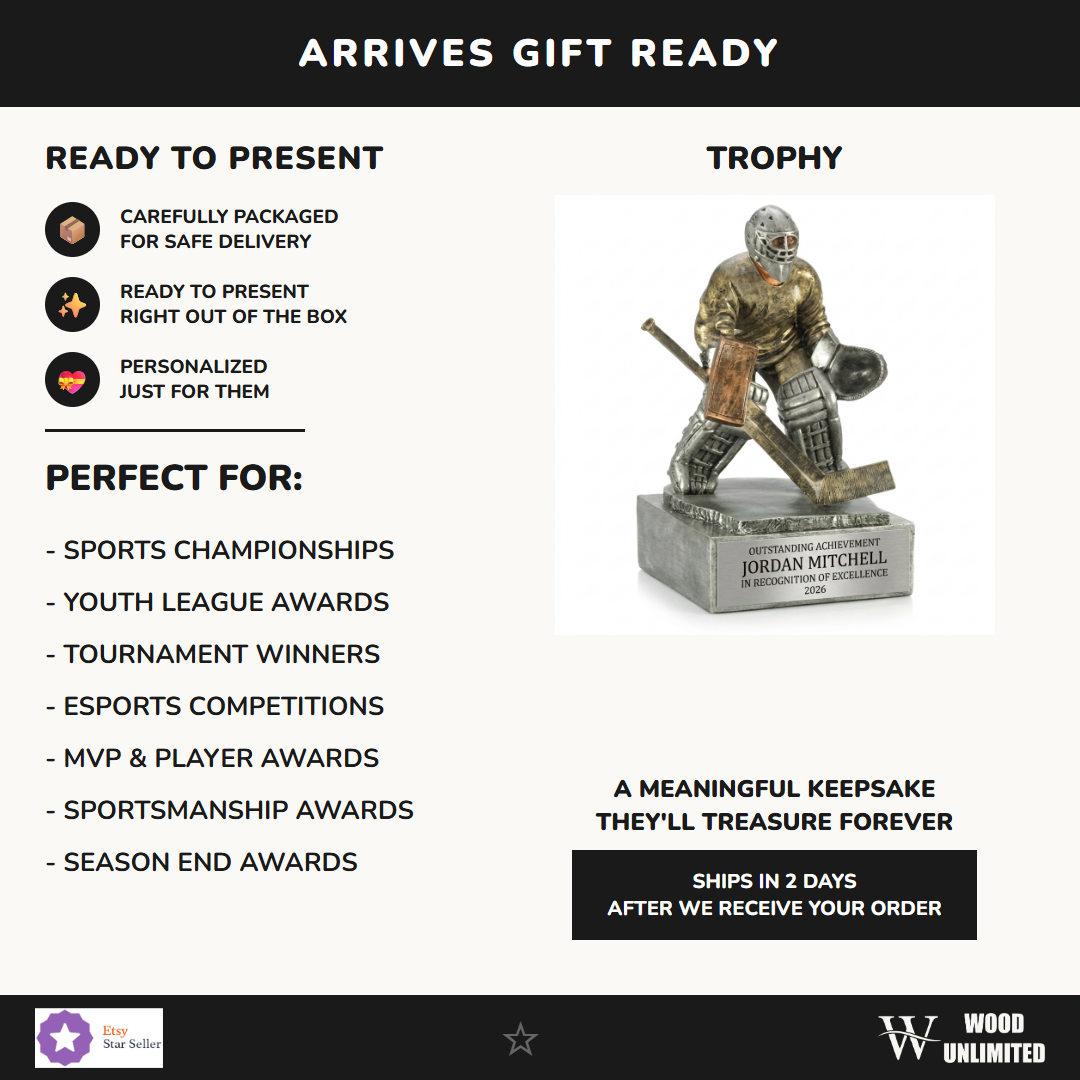 Gift-ready personalized Hockey Goalie Figure Resin Trophy resin award, perfect for ceremonies, retirements, and corporate recognition