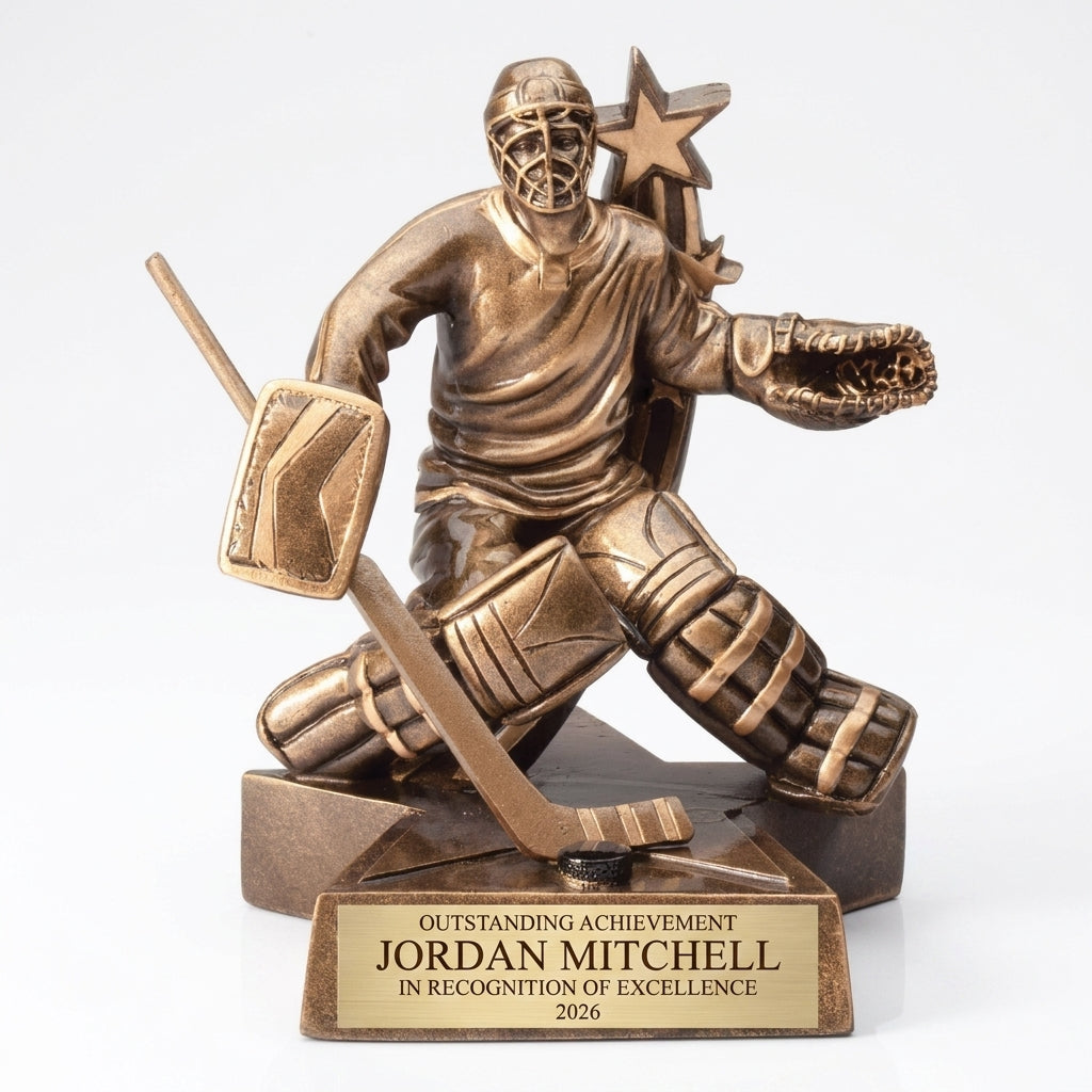 Personalized Hockey Goalie Superstar Resin Trophy resin award, custom laser engraved recognition award on a clean white studio background