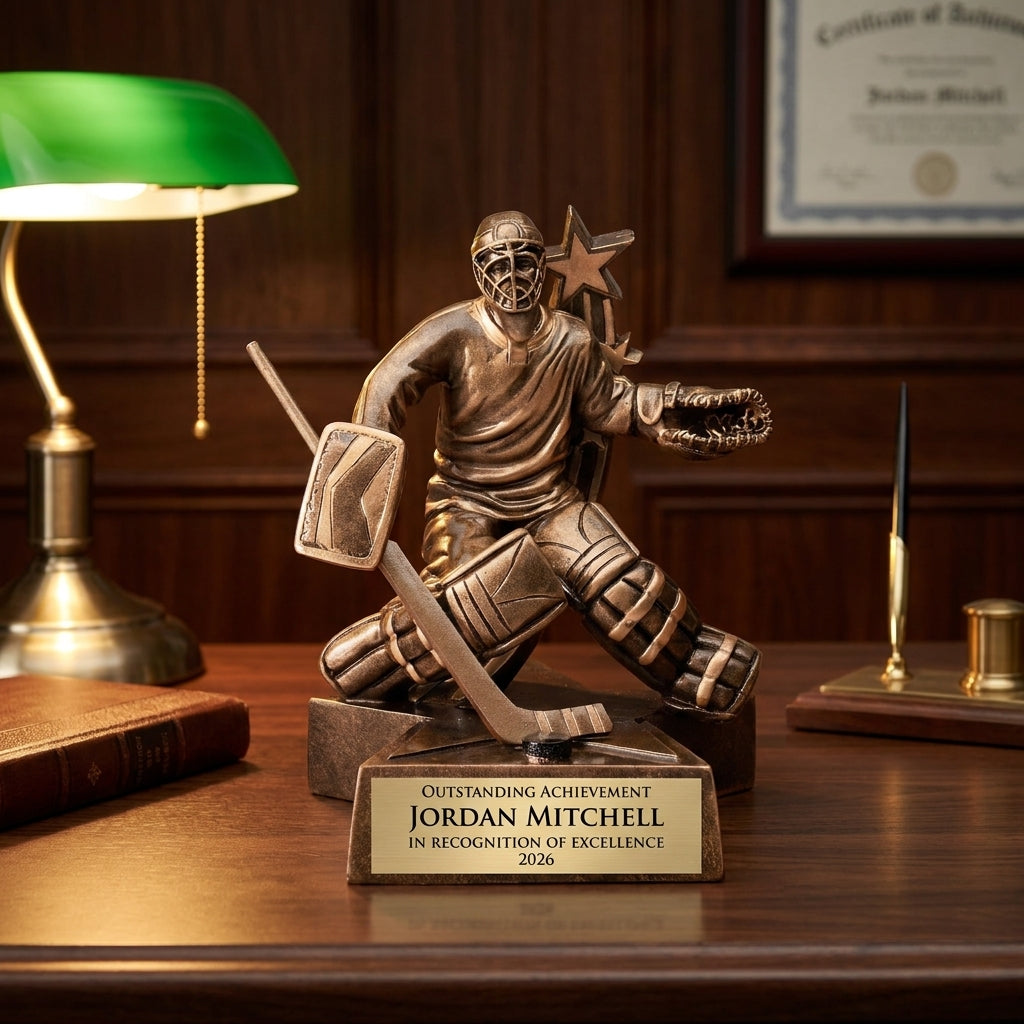 Personalized Hockey Goalie Superstar Resin Trophy resin award on a warm executive desk with a green banker's lamp, engraved corporate recognition and retirement gift