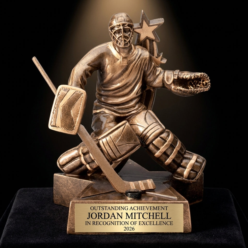 Personalized Hockey Goalie Superstar Resin Trophy resin award on black velvet under awards-ceremony spotlight, engraved champion and lifetime achievement award