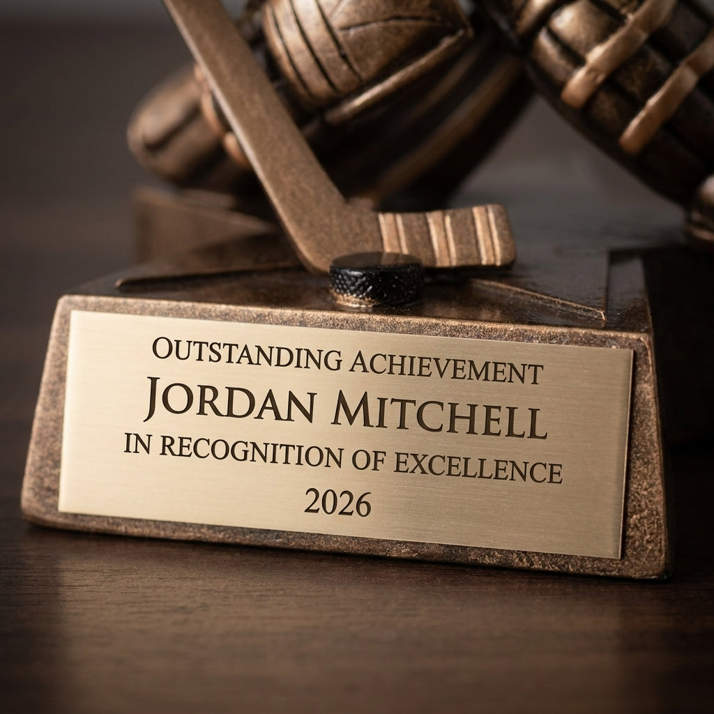 Close-up of the custom laser engraving on a personalized Hockey Goalie Superstar Resin Trophy resin award, showing crisp permanent personalization