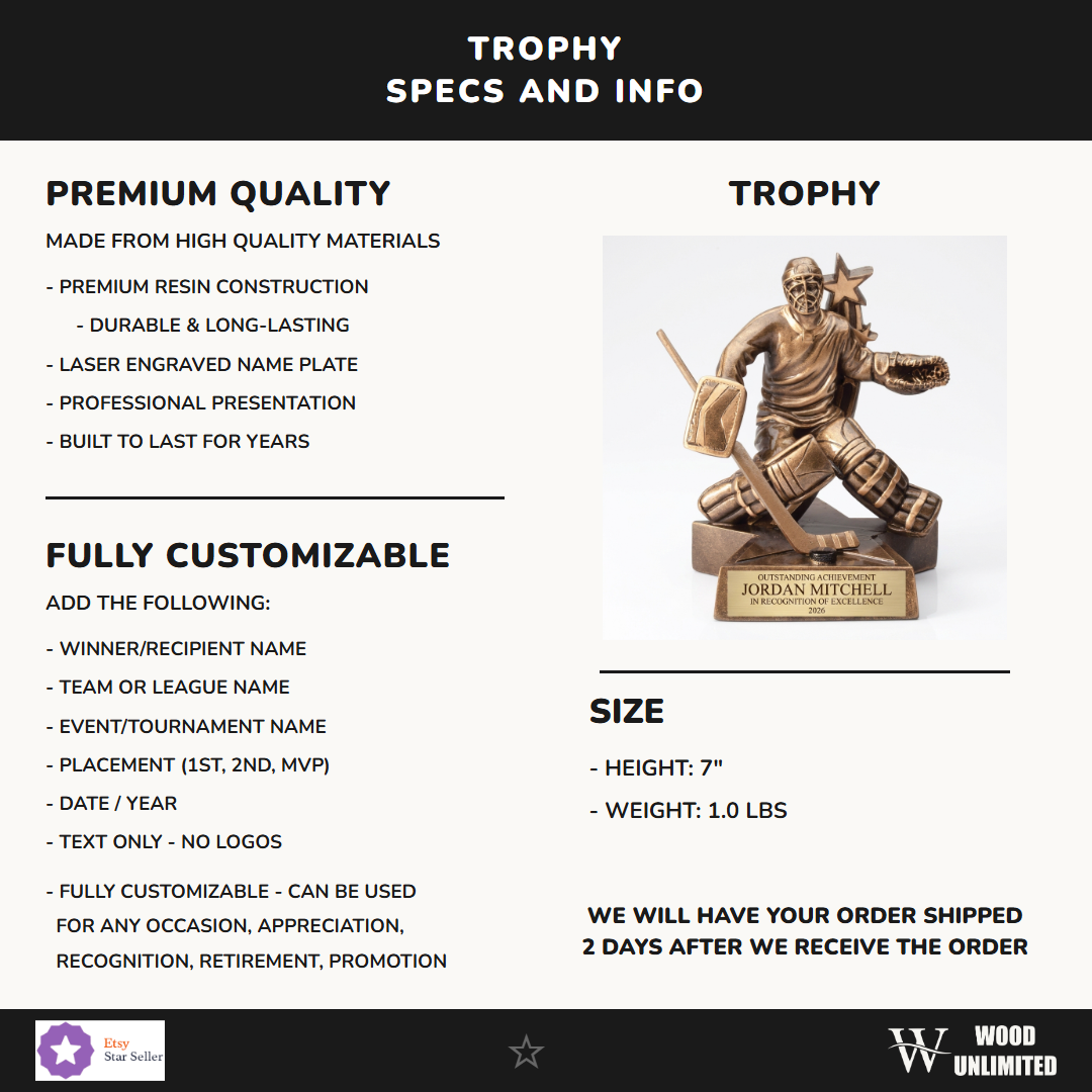 Specifications for the personalized Hockey Goalie Superstar Resin Trophy resin award — materials, engraving, and features