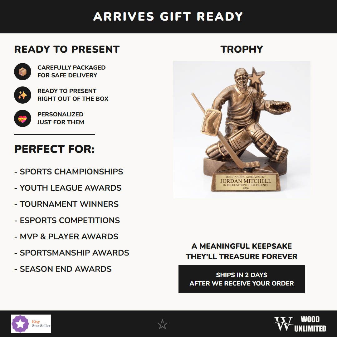 Gift-ready personalized Hockey Goalie Superstar Resin Trophy resin award, perfect for ceremonies, retirements, and corporate recognition