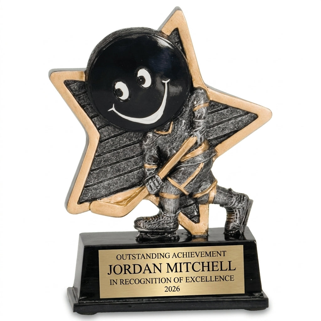 Personalized Hockey Little Pal Resin Award resin award, custom laser engraved recognition award on a clean white studio background