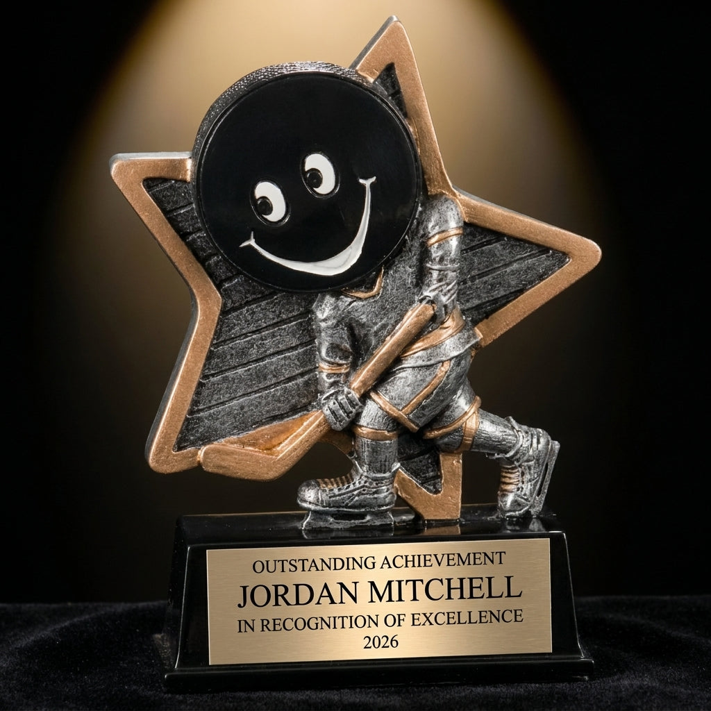 Personalized Hockey Little Pal Resin Award resin award on black velvet under awards-ceremony spotlight, engraved champion and lifetime achievement award