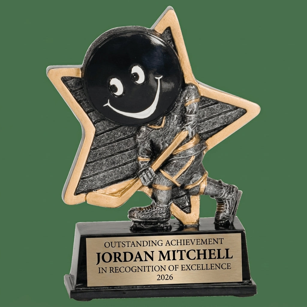 Close-up of the custom laser engraving on a personalized Hockey Little Pal Resin Award resin award, showing crisp permanent personalization