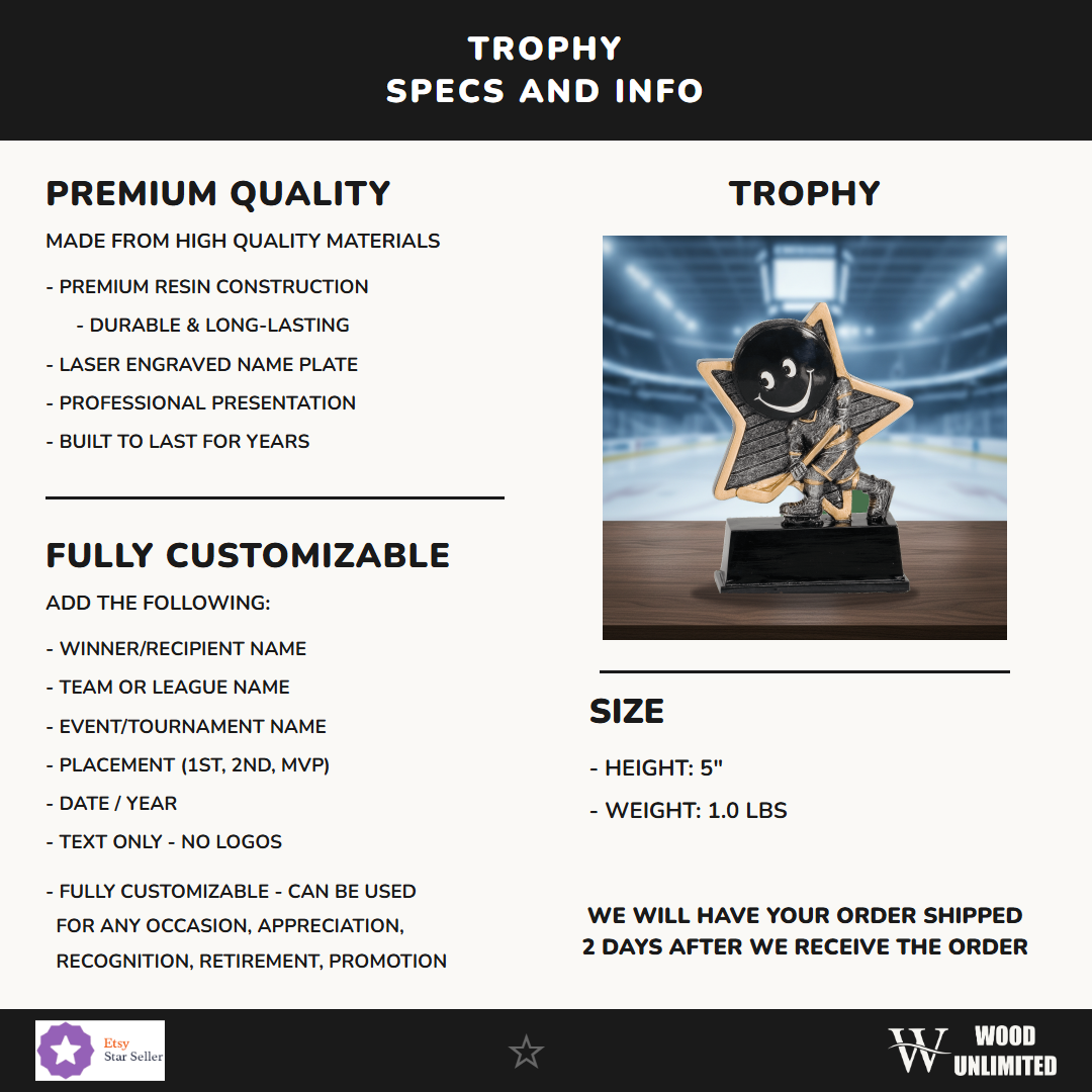 Specifications for the personalized Hockey Little Pal Resin Award resin award — materials, engraving, and features