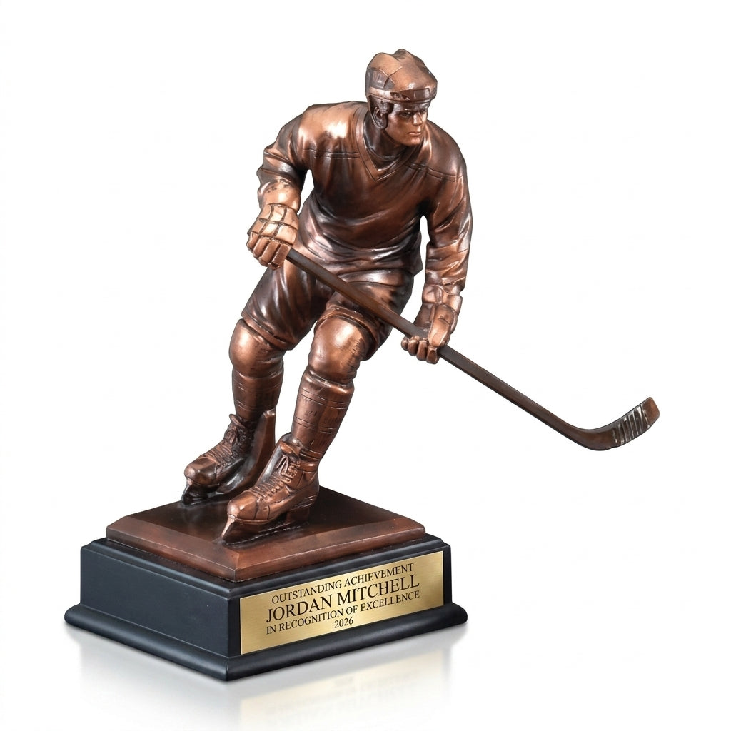 Personalized Hockey Player Resin Trophy resin award, custom laser engraved recognition award on a clean white studio background