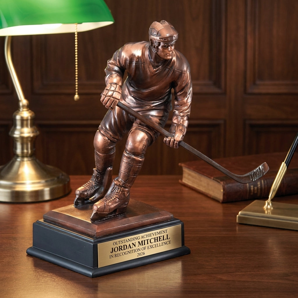 Personalized Hockey Player Resin Trophy resin award on a warm executive desk with a green banker's lamp, engraved corporate recognition and retirement gift