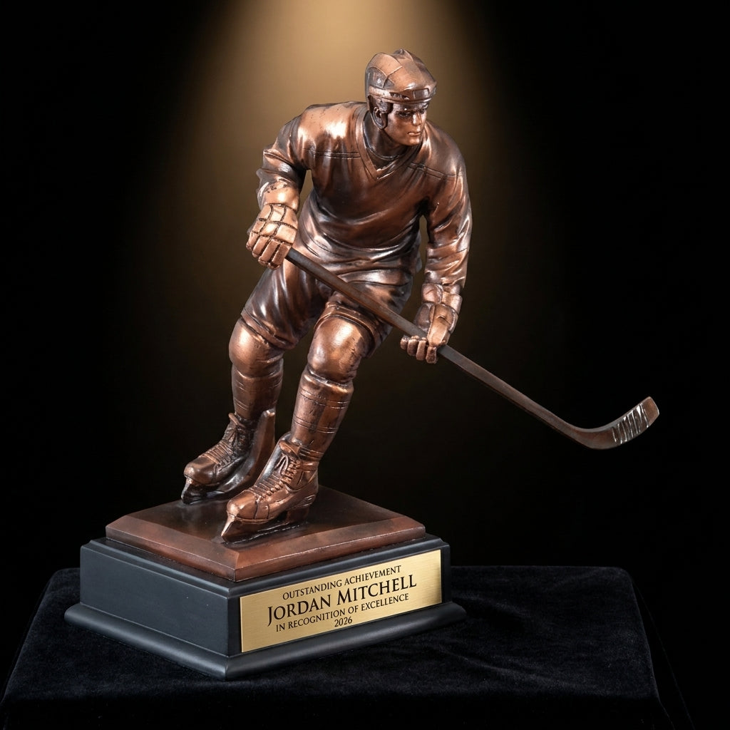 Personalized Hockey Player Resin Trophy resin award on black velvet under awards-ceremony spotlight, engraved champion and lifetime achievement award